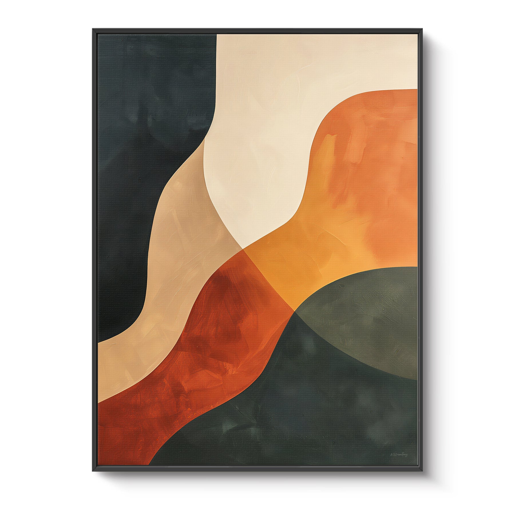 Framed canvas print with sweeping diagonal bands in burnt sienna, warm orange, olive green and slate — bold earthy wall art in a black floating frame